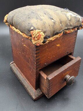 19th Century Antique Walnut Sewing Box Pin Cushion handmade vtg two compartments